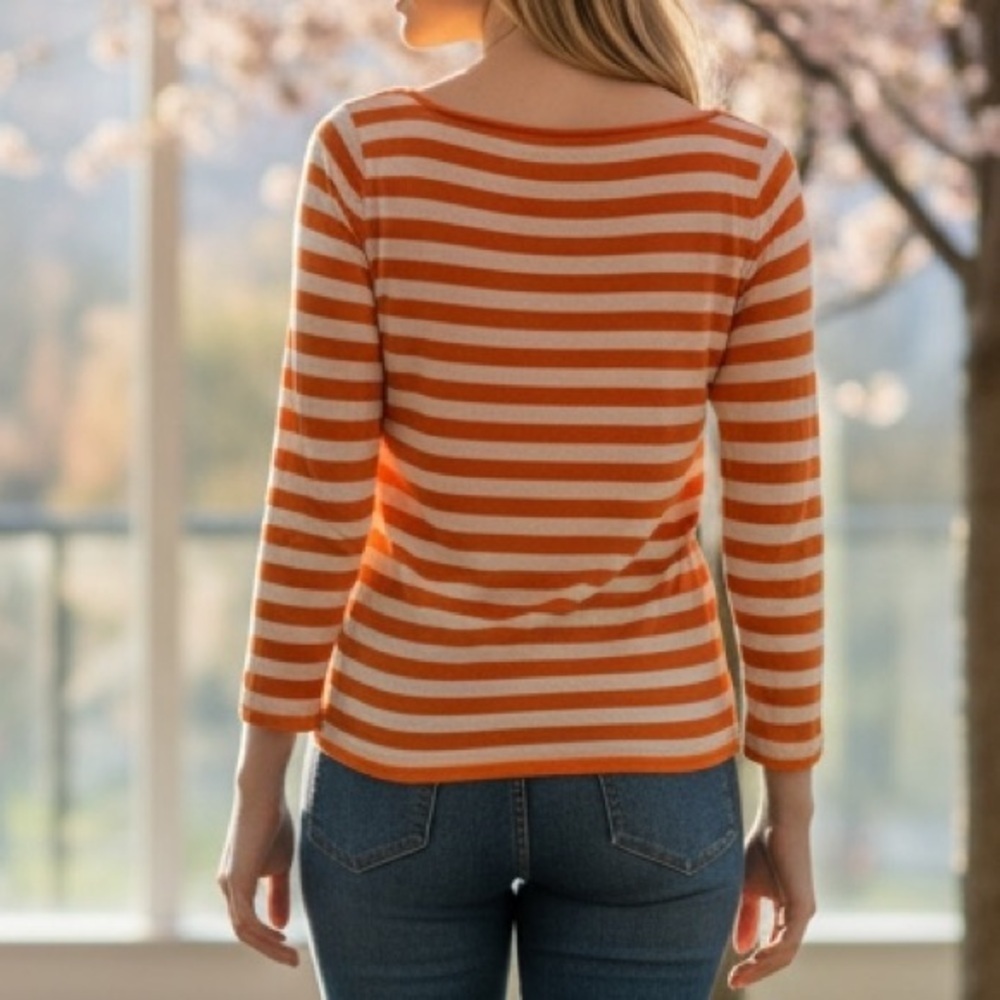 Ellen Tracy Orange White Long Sleeve Top SMALL pit to pit 13in length 24in